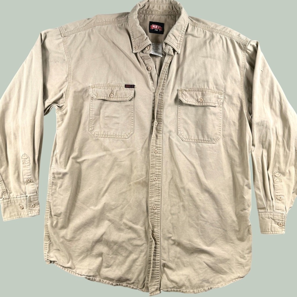 Key FR Work Shirt Men 2XLT Tan Flame Resistant HRC 2 Button Down Long Sleeve Top